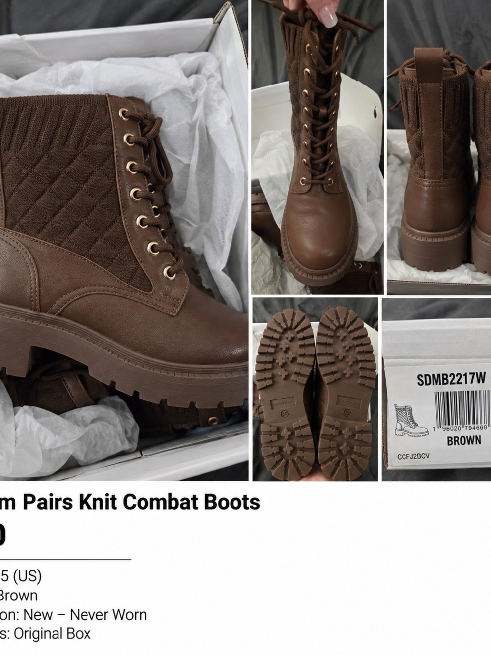 Dream Pairs Brown Quilted Knit Combat Boots